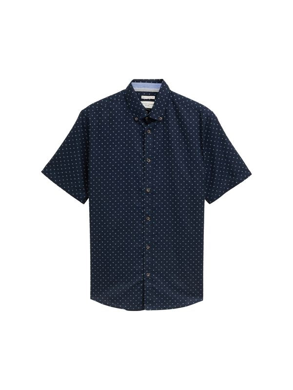 Regular Fit Kurzarmhemd mit Leinenanteil im Pünktchen-Muster