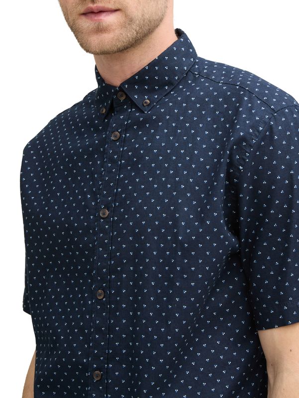 Regular Fit Kurzarmhemd mit Leinenanteil im Pünktchen-Muster