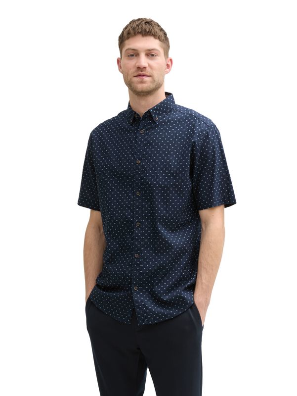 Regular Fit Kurzarmhemd mit Leinenanteil im Pünktchen-Muster