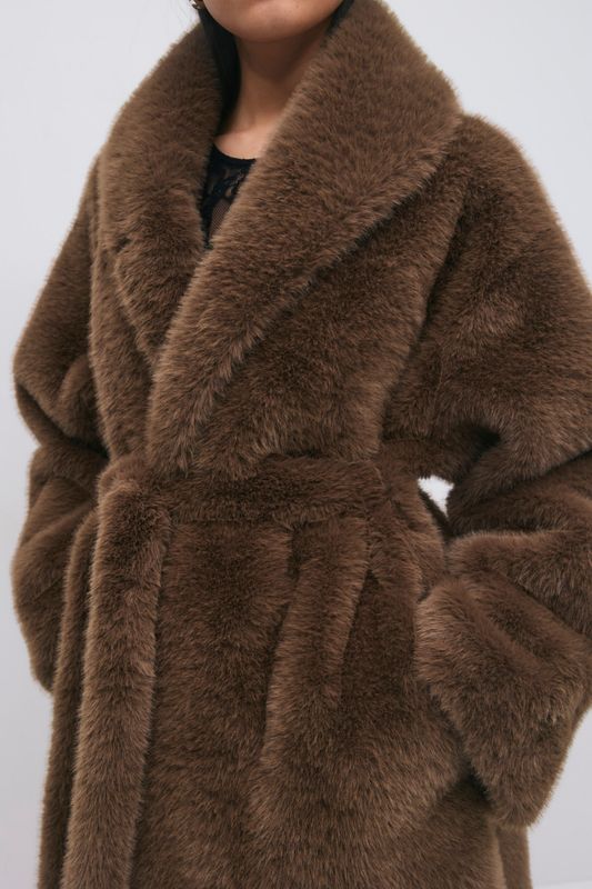 Faux fur belted long coat