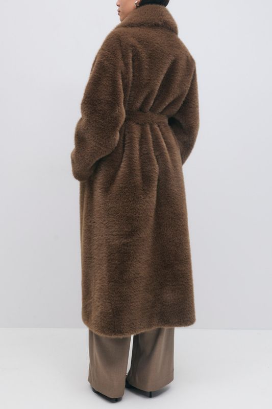 Faux fur belted long coat