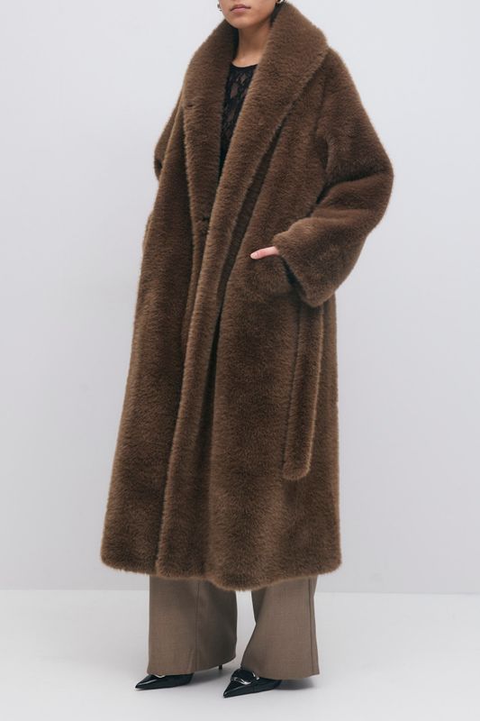 Faux fur belted long coat