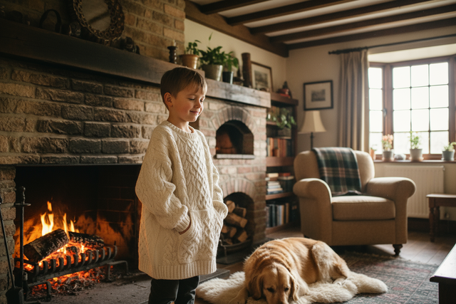 ein junge in strick oder sweatshirt drin vorm ofen