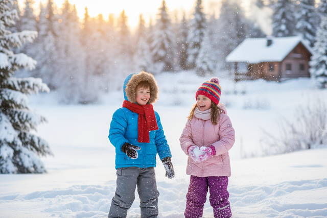 ein Junge und ein Mädchen im winter mit jacken 