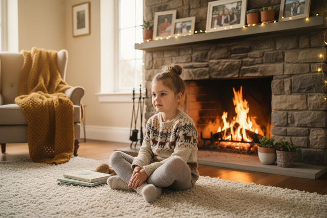 ein Mädchen in Strumpfhose drinnen vor einem Kamin